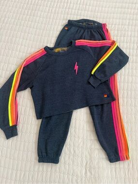 Aviator Nation Navy Sweatshirt & Joggers with Neon Rainbow Stripes
